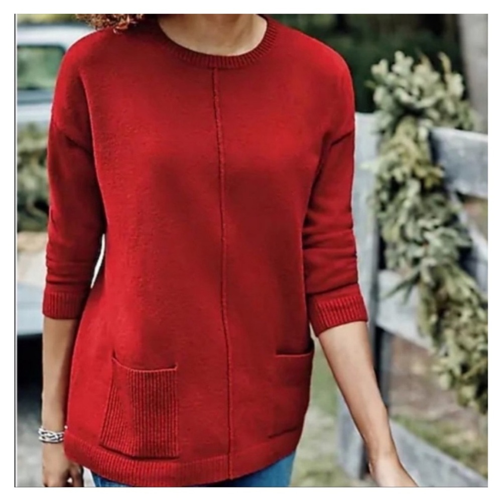 J. Jill Women's Luxe Red Ribbed Pocket Crew Neck Sweater Size Small EUC